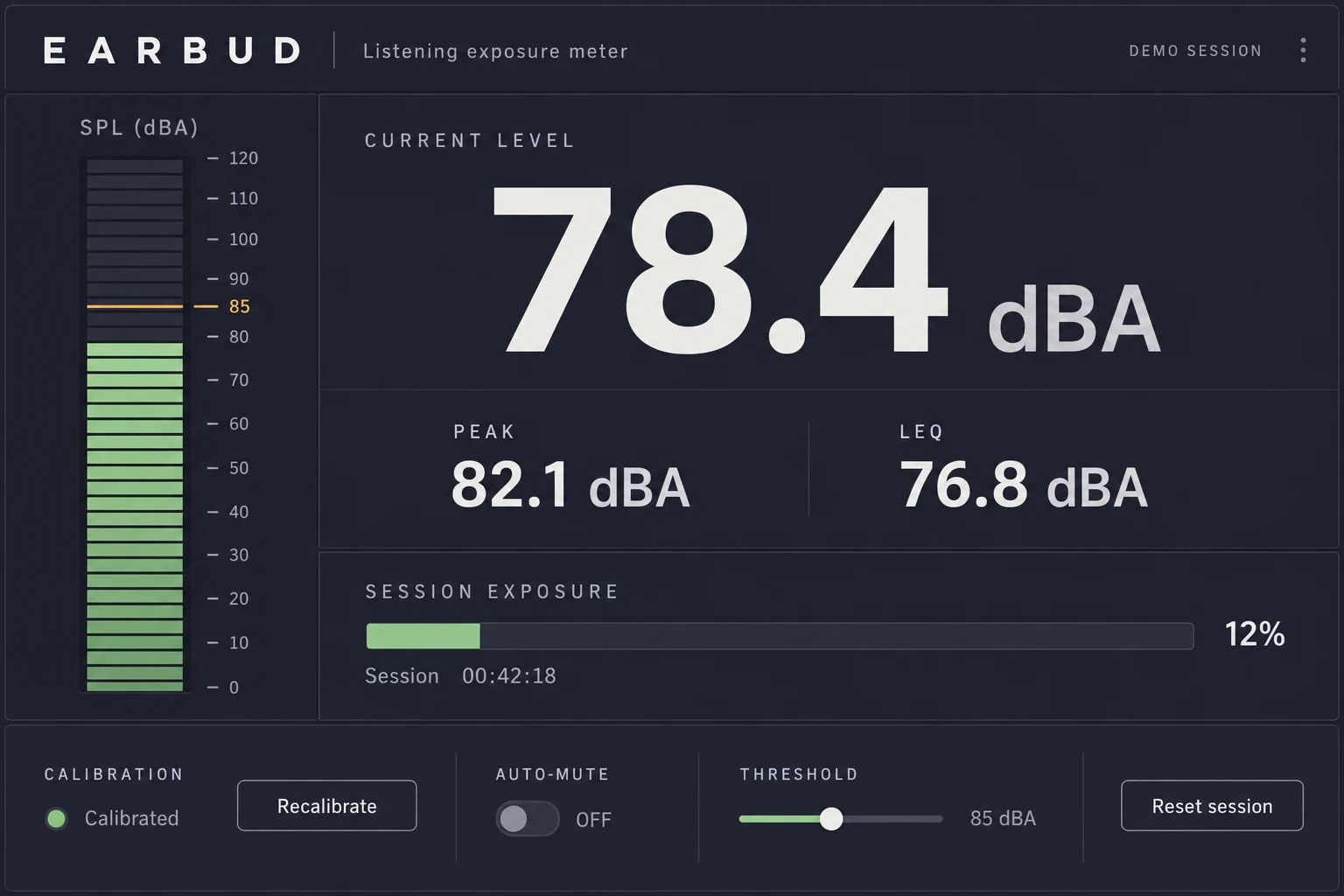 Earbud concept showing sound levels, session exposure, and calibration controls with demo readings.