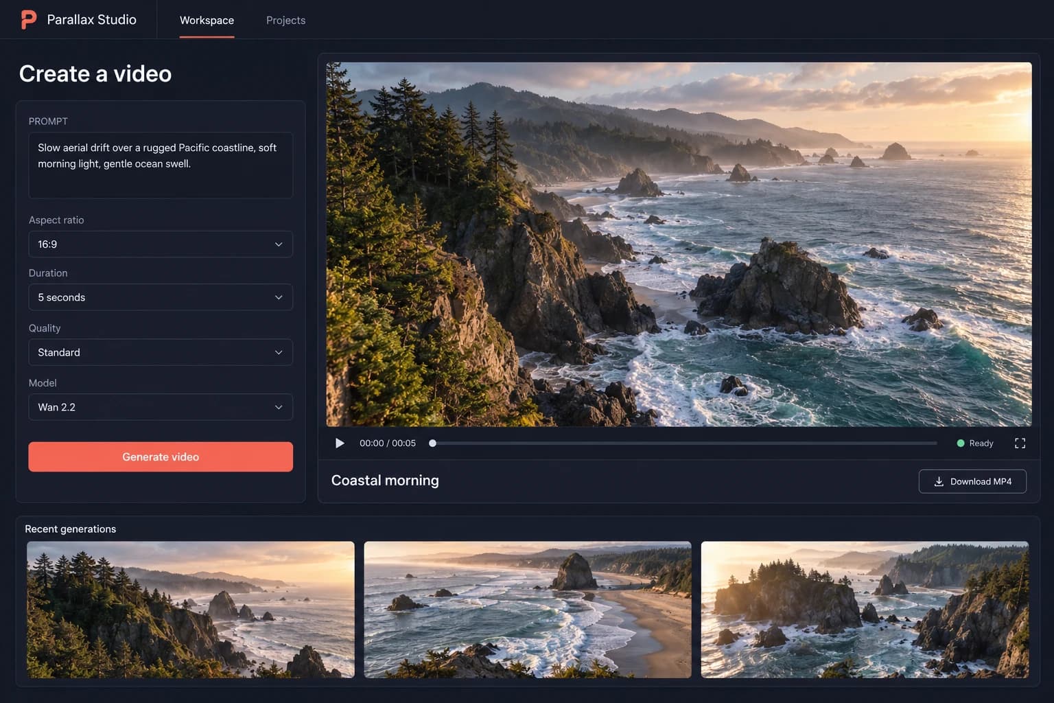 Parallax Studio concept showing a video prompt, generation controls, and a coastal video preview.