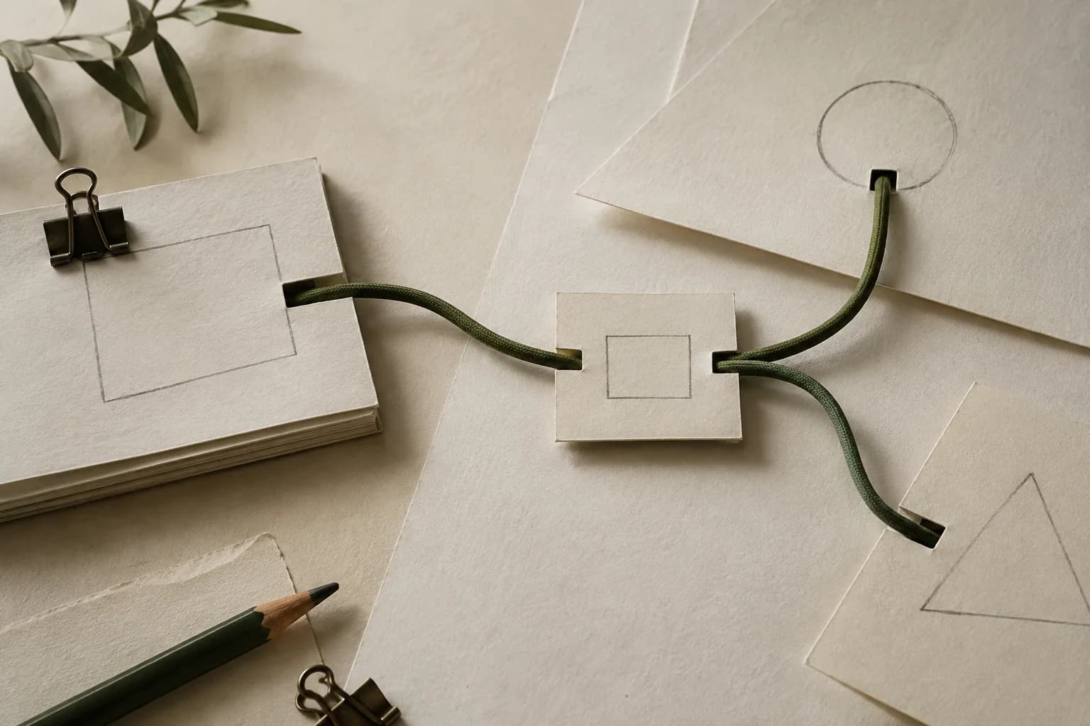 Cream paper shapes connected by olive cords on a worktable
